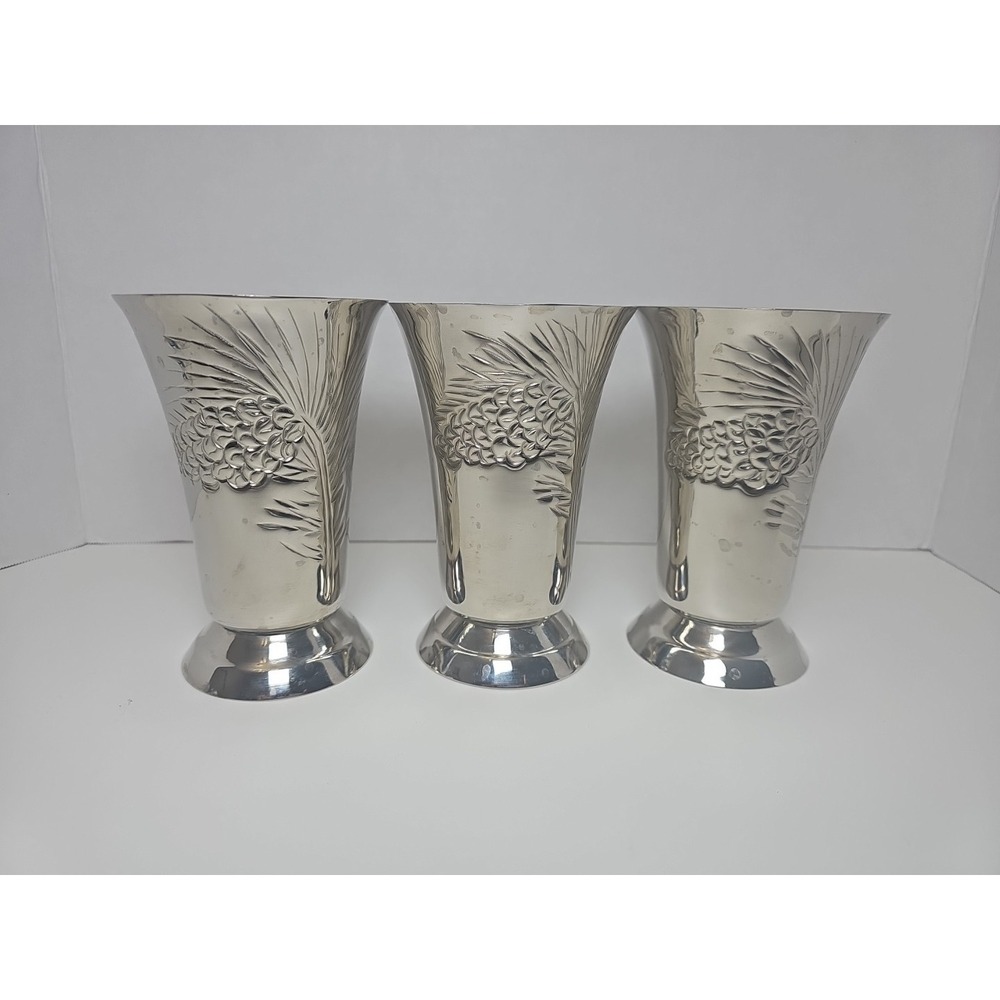 Set of 3 Vintage Hallmark Table Vases Embossed Pine Cones Silver